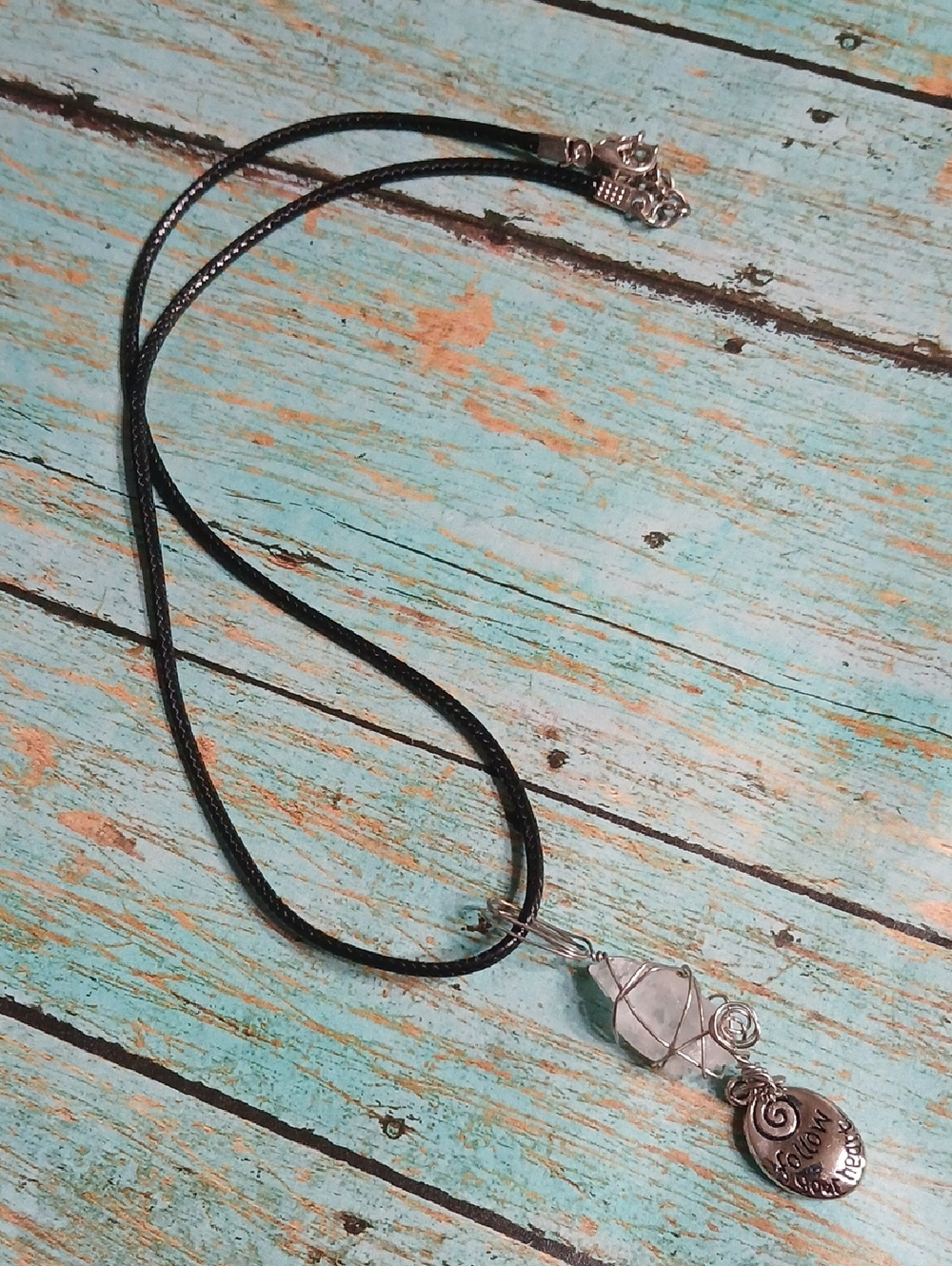 Boutique Black Cord Necklace with Silver Charm With White Stone.
